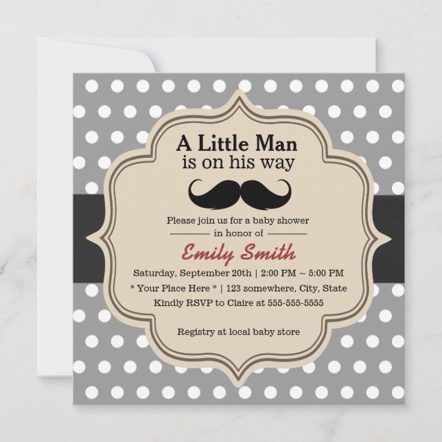Invitation Pois classique Mustache Baby shower petit homme (Devant)