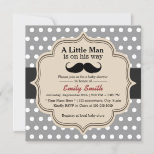 Invitation Pois classique Mustache Baby shower petit homme