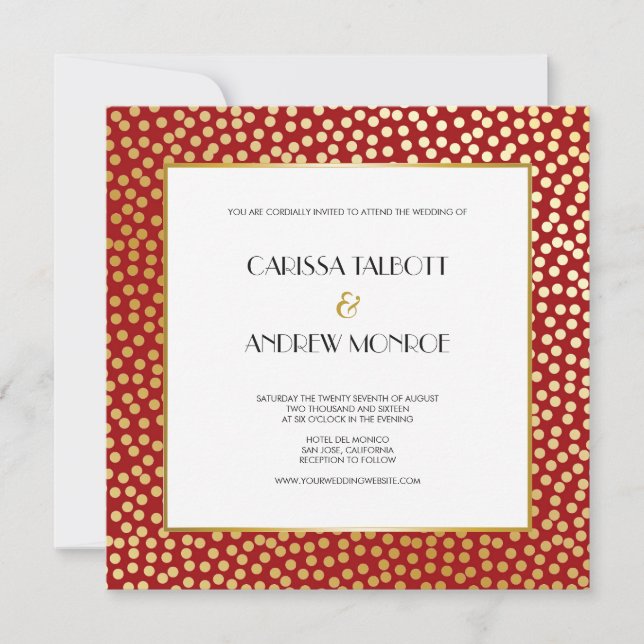 Invitation Pois Confetti moderne rouge et or (Devant)