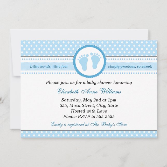 Invitation Pois de l'invitation à la douche de bébé Blue Feet (Devant)