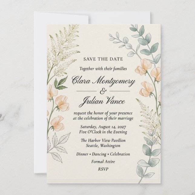 Invitation Pois de senteur pêche, Astilbe et Eucalyptus (Devant)