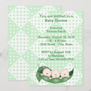 Invitation Pois de triplets de baby shower dans une cosse