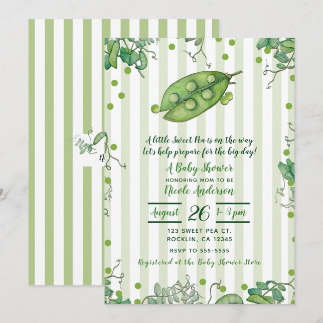 Invitation Pois doux vert rayé Baby Shower (Devant / Derrière)