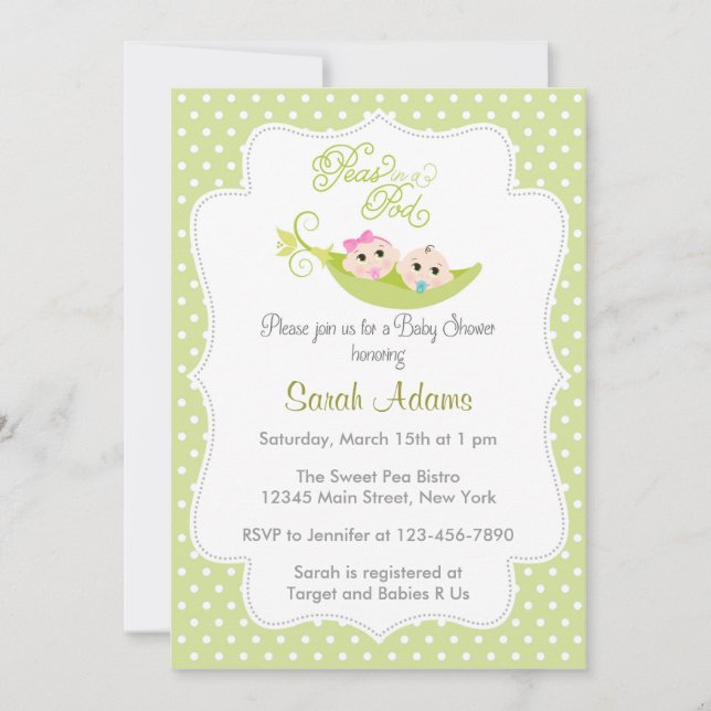 Invitation Pois en vert d'invitation de baby shower de cosse (Devant)