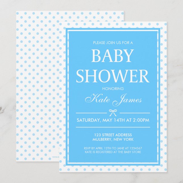 Invitation pois et Baby shower bleu carbone (Devant / Derrière)