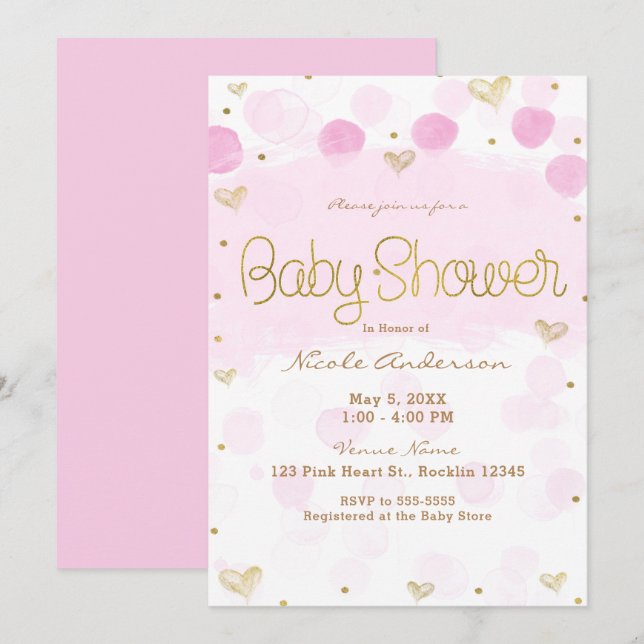 Invitation Pois et Baby showers de Coeurs en or rose (Devant / Derrière)