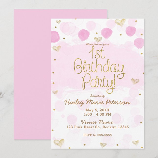 Invitation Pois et Coeurs blancs en or rose 1er anniversaire (Devant / Derrière)