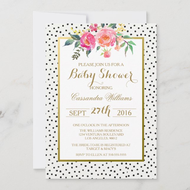 Invitation Pois moderne et Baby shower d'or (Devant)