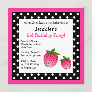 Invitation Pois noir et blanc d'anniversaire rose de fraise