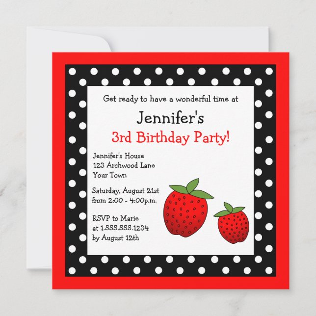 Invitation Pois noir et blanc d'anniversaire rouge de fraise (Devant)