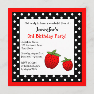 Invitation Pois noir et blanc d'anniversaire rouge de fraise