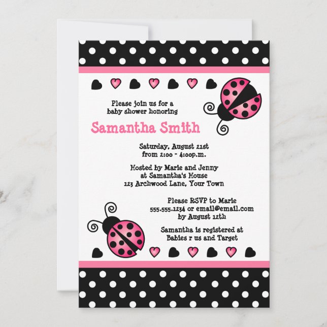 Invitation Pois noir et blanc de baby shower rose de (Devant)