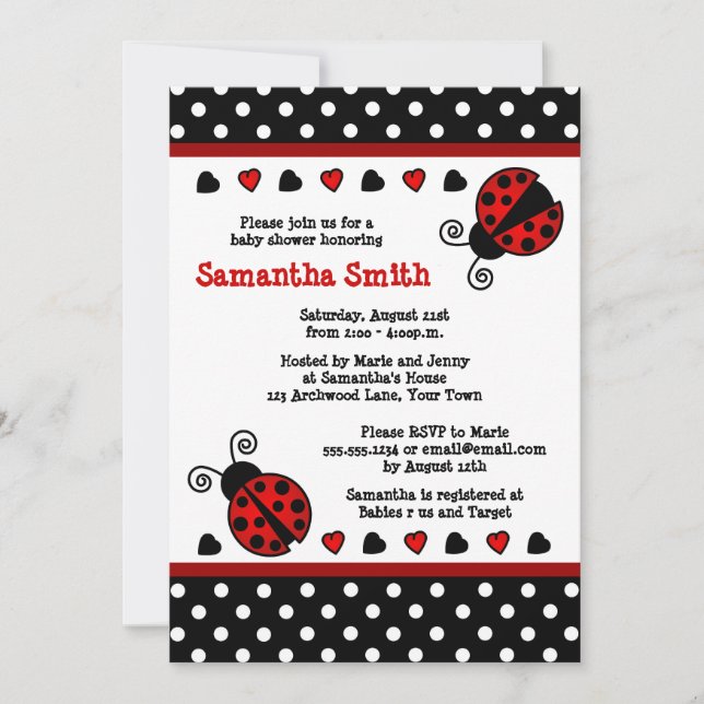 Invitation Pois noirs et blancs du Baby shower Red Ladybug (Devant)