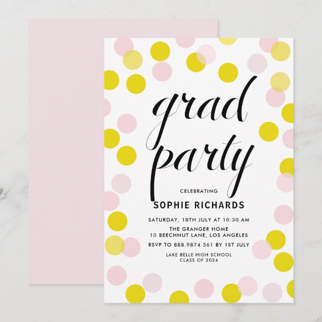 Invitation Pois rose et jaune Confetti Graduation Party (Devant / Derrière)