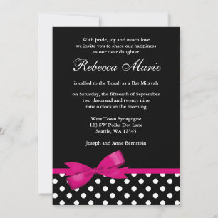 Invitation Pois rose et noir Bat mitzvah Bow