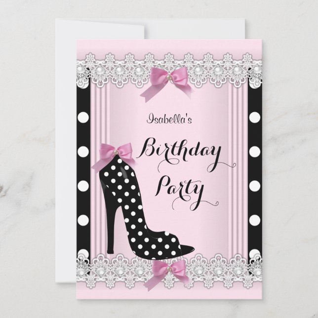 Invitation Pois rose noir haut talon fête d'anniversaire (Devant)