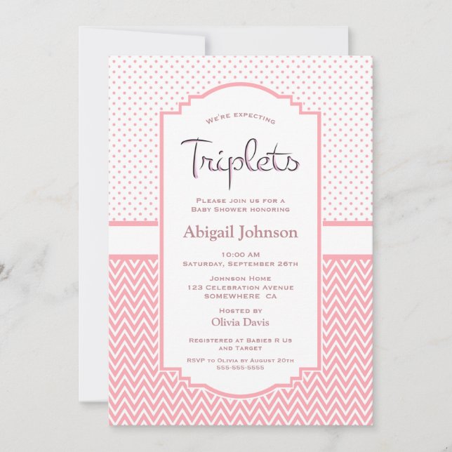 Invitation Pois roses Chevron Stripes Triplets (Devant)