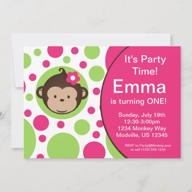 Invitation Pois roses de Mod Monkey fête d'anniversaire Invit (Devant)