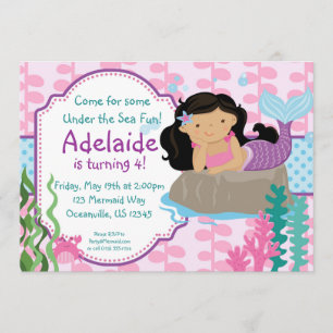 Invitation Pois roses et bleus Brunette Mermaid Anniversaire