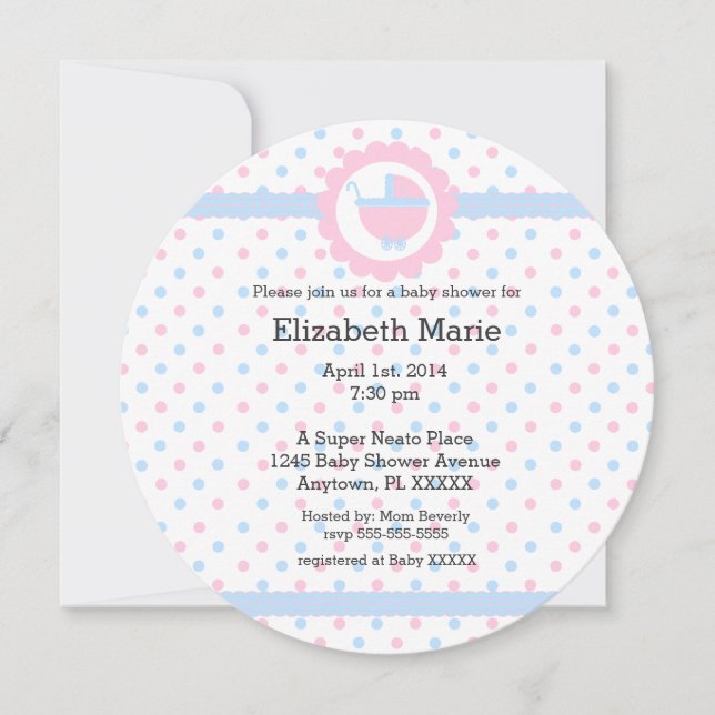 Invitation Pois roses et bleus-rond de Baby shower (Devant)