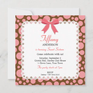 Invitation Pois roses et Brown avec dentelle douce 16 Anniver