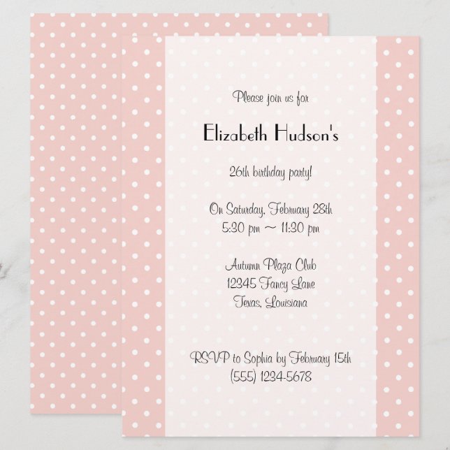 Invitation Pois roses, Motif Pointe Polka, Points, Anniversai (Devant / Derrière)