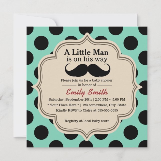 Invitation Pois simple Mustache Little Man Baby shower (Devant)
