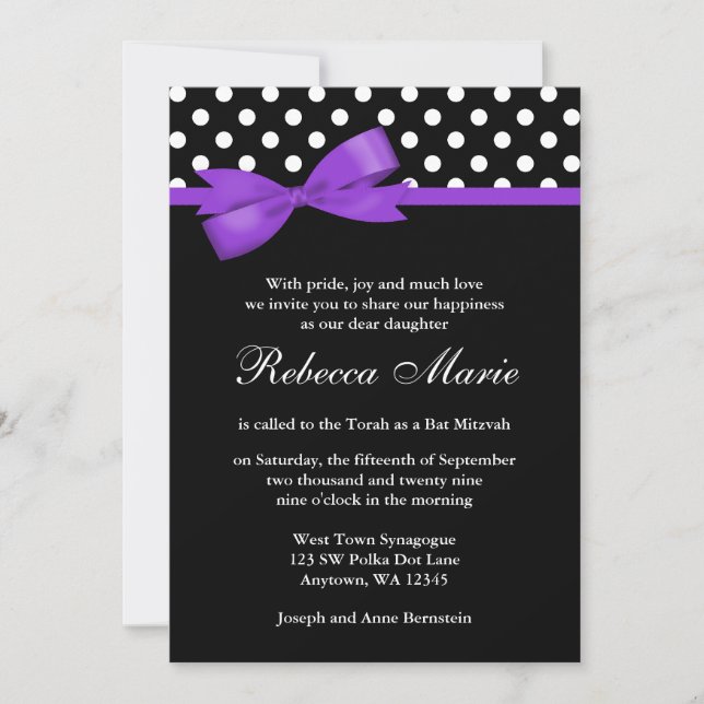 Invitation Pois violets et noirs Bat mitzvah supérieur à la m (Devant)