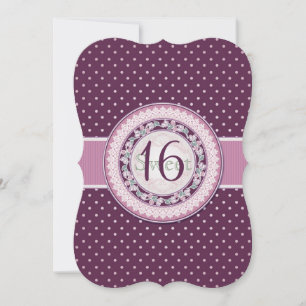 Invitation pois violets Vintages, fleurs, dentelle Sweet 16