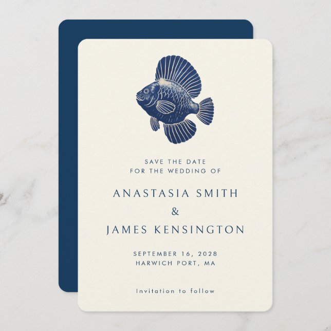 Invitation Poisson bleu marine élégant Mariage océanique mode (Devant / Derrière)