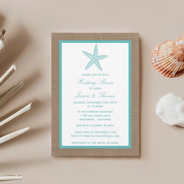 Invitation Poisson étoilé Turquoise Sur Burlap Beach Mariage  (Créateur téléchargé)