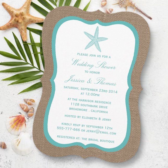 Invitation Poisson étoilé Turquoise Sur Burlap Beach Mariage  (Créateur téléchargé)