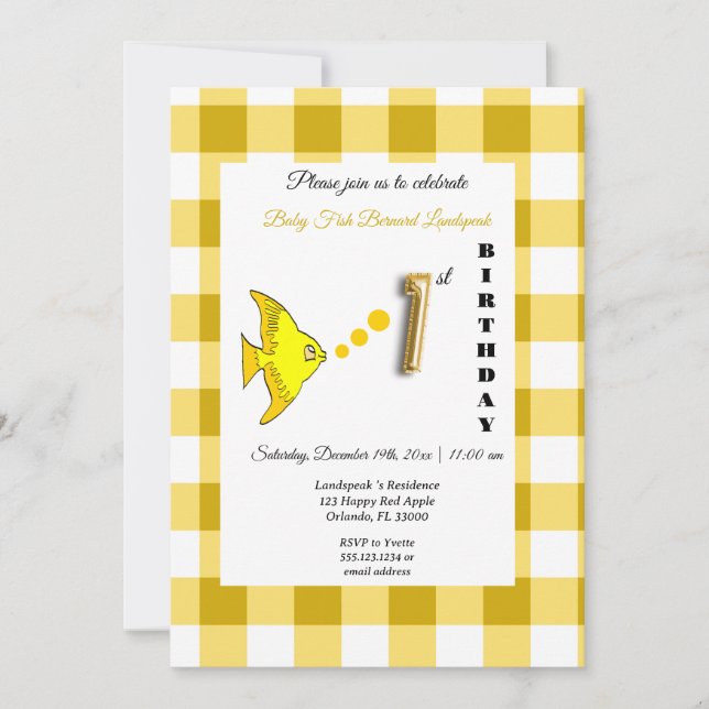 Invitation Poisson Jaune & En vichy Ballons Or 1er Anniversai (Devant)