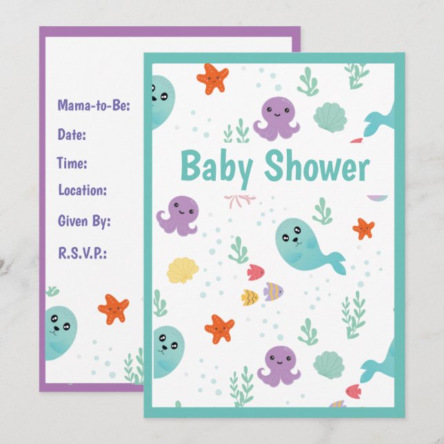 Invitation Poisson Octopus Baleines Baby shower Océan (Devant / Derrière)