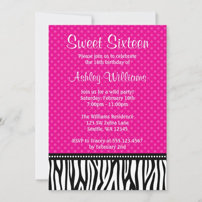 Invitation Poisson rose et noir Zebra Polka Dot Sweet 16 (Devant)