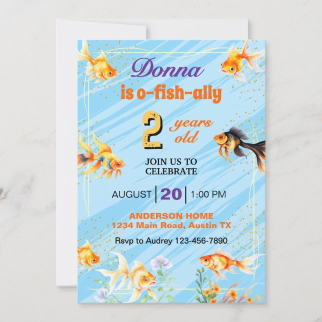 Invitation Poisson rouge à queue fantaisie pour fête d'annive (Devant)