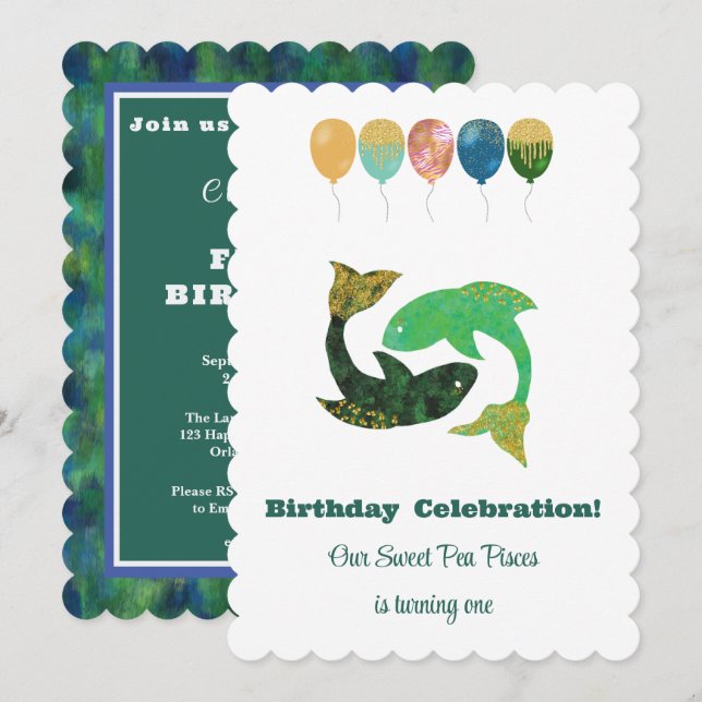 Invitation Poissons 1er Anniversaire Impressionniste Paillett (Devant / Derrière)