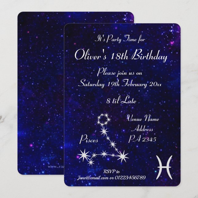 Invitation Poissons personnalisés Zodiac Galaxy Party (Devant / Derrière)