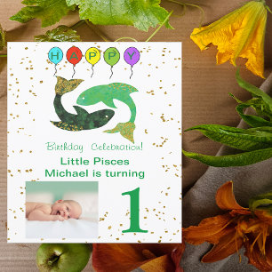 Invitation Poissons Premier Anniversaire Or, Ballons & Photo