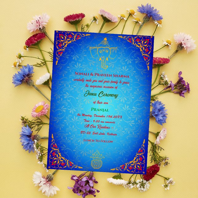 Invitation Poite Janeu Upanayanam Hindu Saint Thread Blue Gol (Créateur téléchargé)