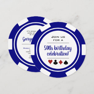 Invitation Poker Chip Navy Blue White Vegas Casino Anniversai