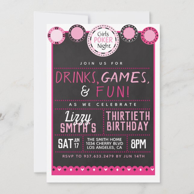 Invitation Poker de nuit pour filles Anniversaire (Devant)