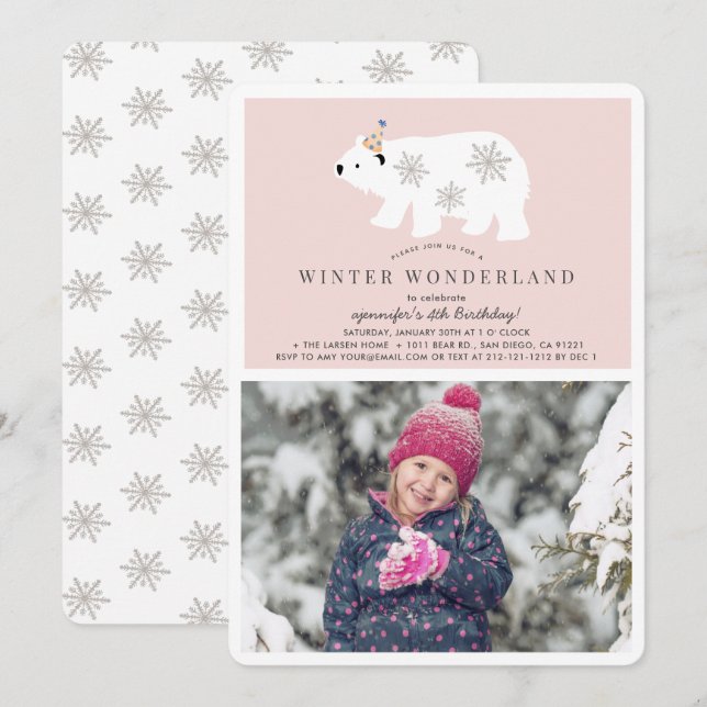 Invitation Polar Bear Winter Wonderland Photo Rose Anniversai (Devant / Derrière)