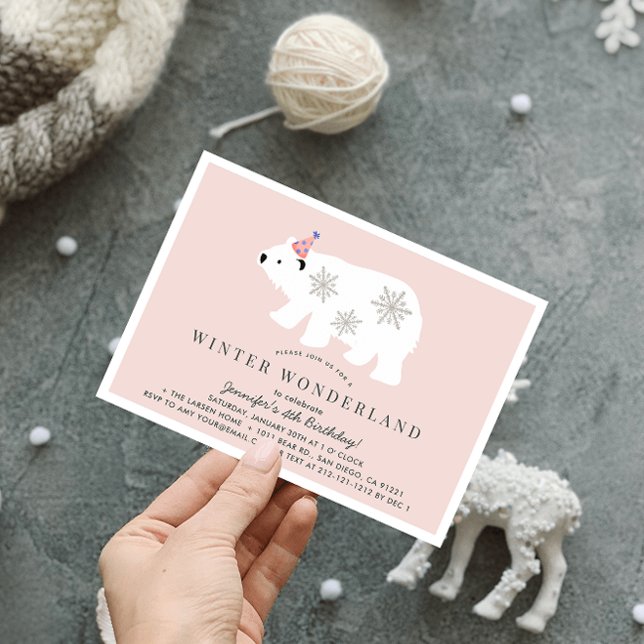 Invitation Polar Bear Winter Wonderland Rose Anniversaire (Créateur téléchargé)