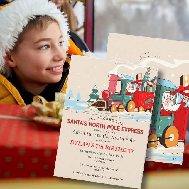 Invitation Polar Express Train Kids Birthday Party Adventure (Santa's Polar Express Train Kids Birthday Party North Pole Adventure Sleepover Invitation)