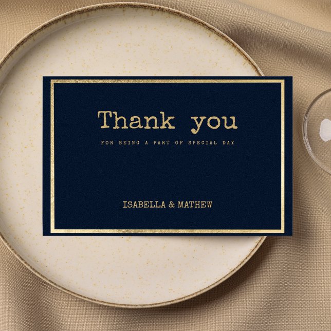 Invitation Police bleu marine or machine à écrire police Merc (Navy blue gold typewriter font rustic Thank You)