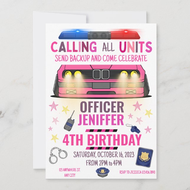 Invitation Police de Girl Pink Anniversaire (Devant)