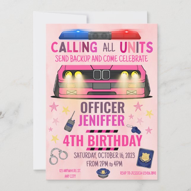 Invitation Police de Girl Pink Anniversaire (Devant)