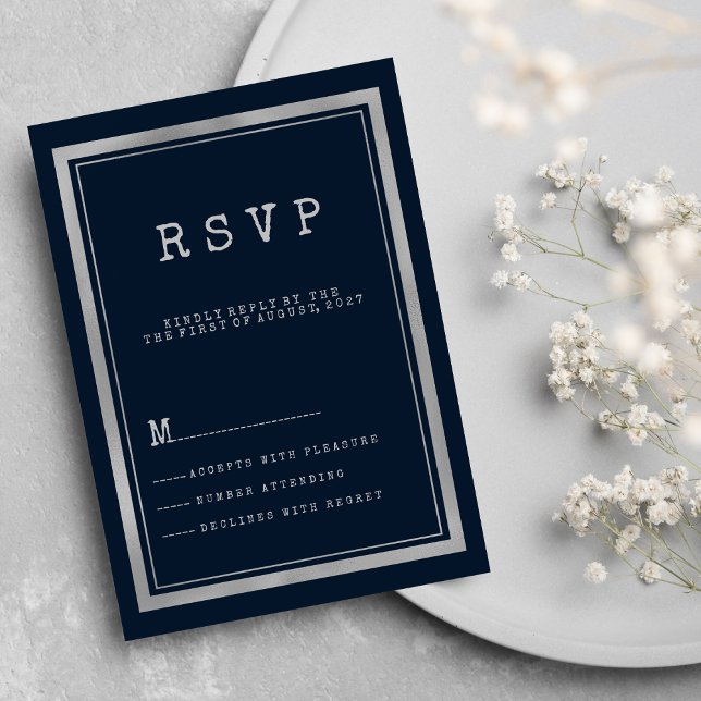 Invitation Police de machine à écrire bleu marine en argent r (Navy blue silver typewriter font rustic RSVP)