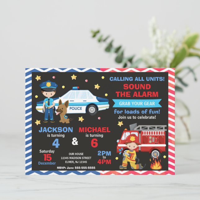 Invitation Police & Firefighter Joint Birthday (Debout devant)